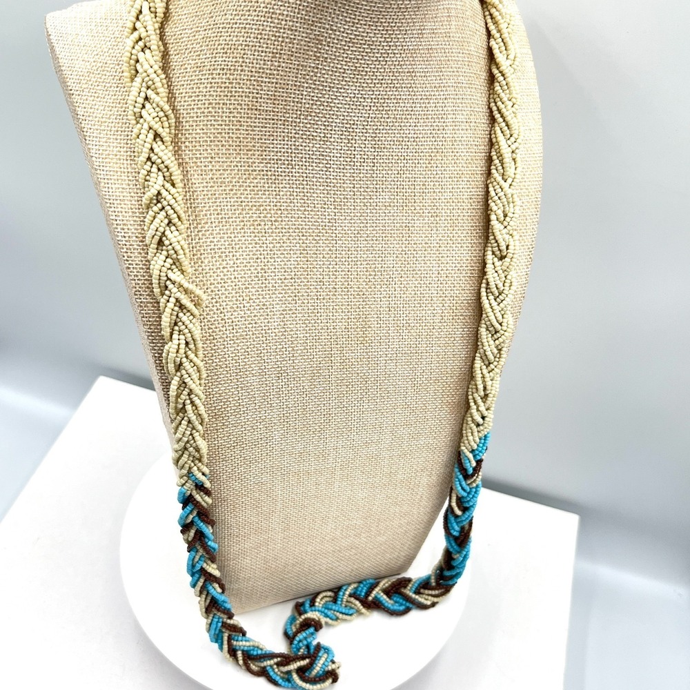 Vintage Multi-Strand Braided Seed Bead Necklace Cream Blue Brown Boho Retro - Picture 12 of 15